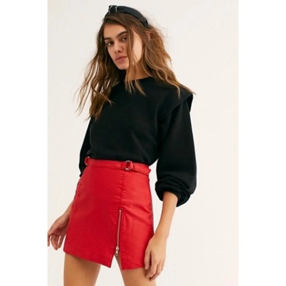 Free People Red Vegan Leather Mini Skirt Zip Front D-Ring Size 6